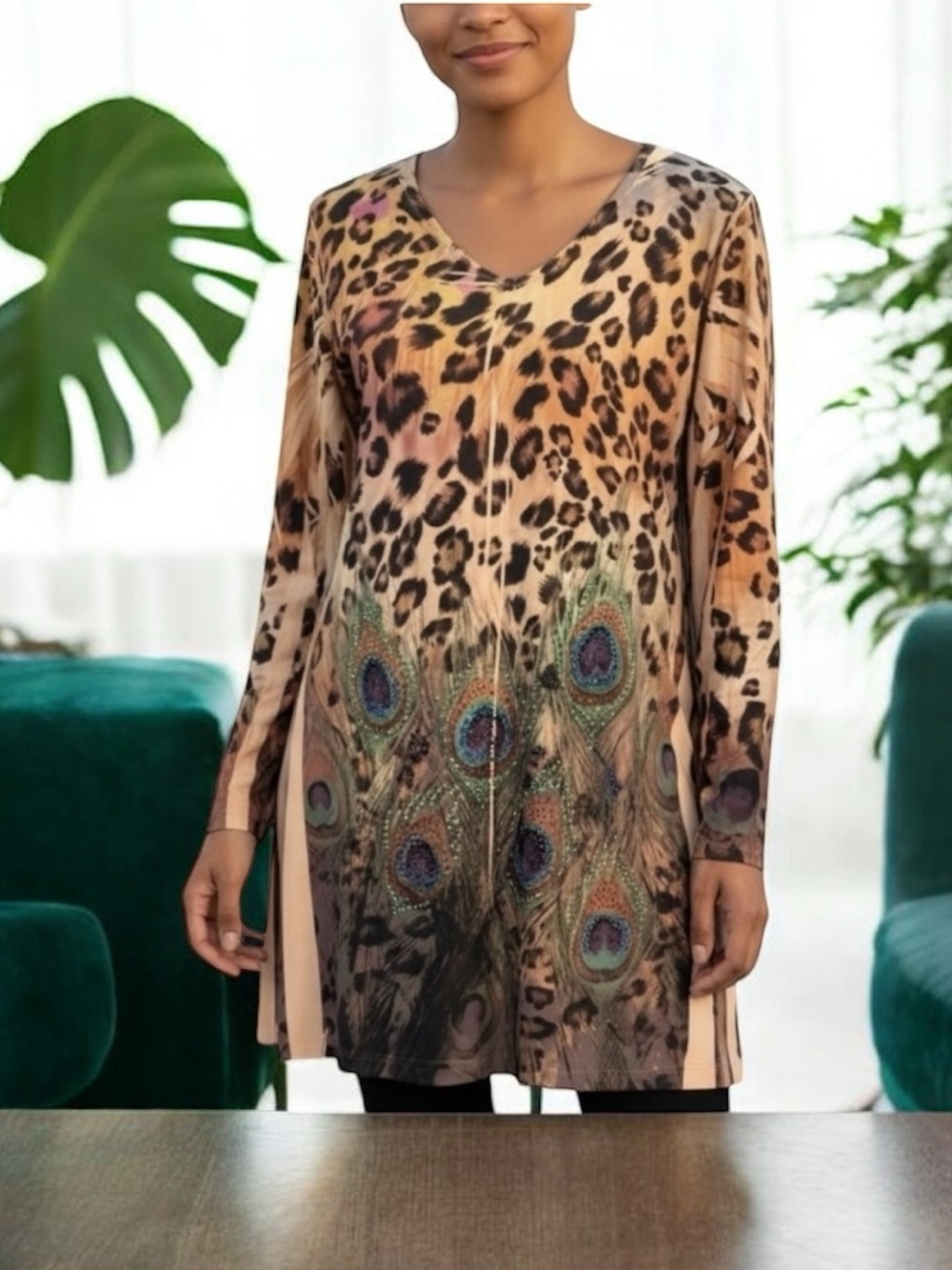 Cover Charge V Neck Brown Tan Leopard Peacock Rhinestone Resort Mini Dress Lrg
